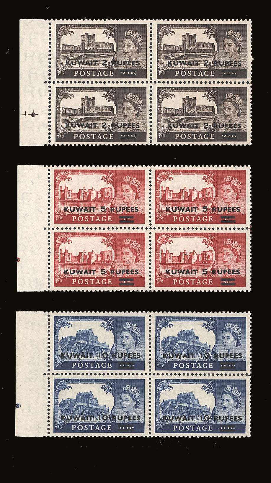 <b>The ''Castles'' Type II</b><br/>
set of three in superb unmounted mint left side marginal blocks of four.<br/>A rare set to find and very rare in blocks!!<br/>SG Cat �1400.00