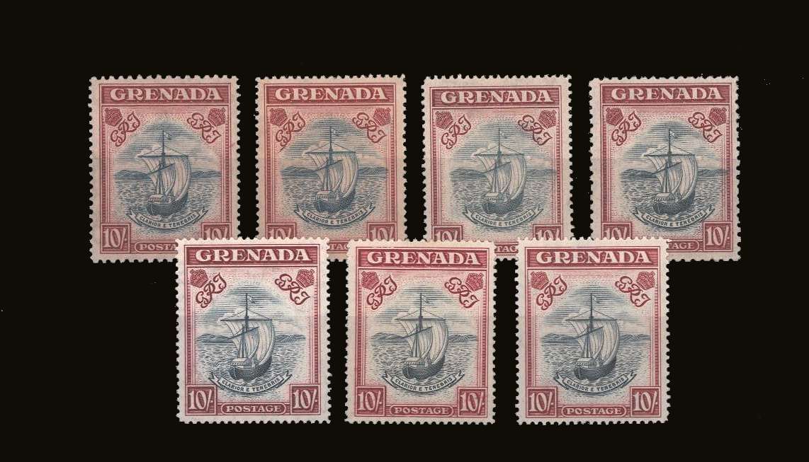10/- Blue and Carmine<br/>
The complete ''every which way'' set of seven.<br/> All the settings, shades and perforations!<br/>
Many are unmounted or very, very lightly mounted.<br/>
SG Cat £1210