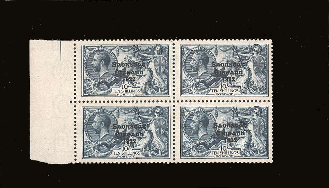 10/- Dull Grey-Blue<br/>
A superb unmounted mint left side marginal block of four lightly mounted<br/>on top two and unmounted mint lower pair.<br/>With the bonus of a MACDOLLELL certificate.<br/>SG Cat �720 for mounted mint.