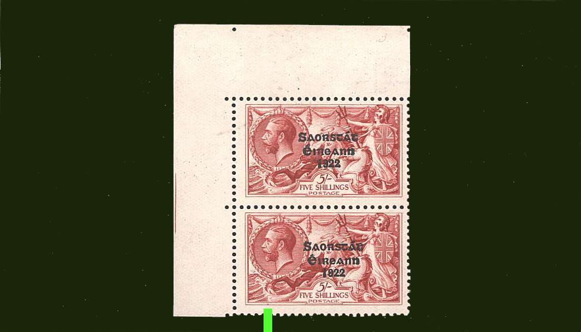 The ''Narrow Date'' 5/- Rose-Carmine Seahorse in a superb unmounted  NW vertical pair showing the rare  <b>INVERTED ''T''</b> variety from PL 3A. Listed in Irish Catalogues but not SG!!! Note: Green line points to variety.<br/><b>A rare variety!