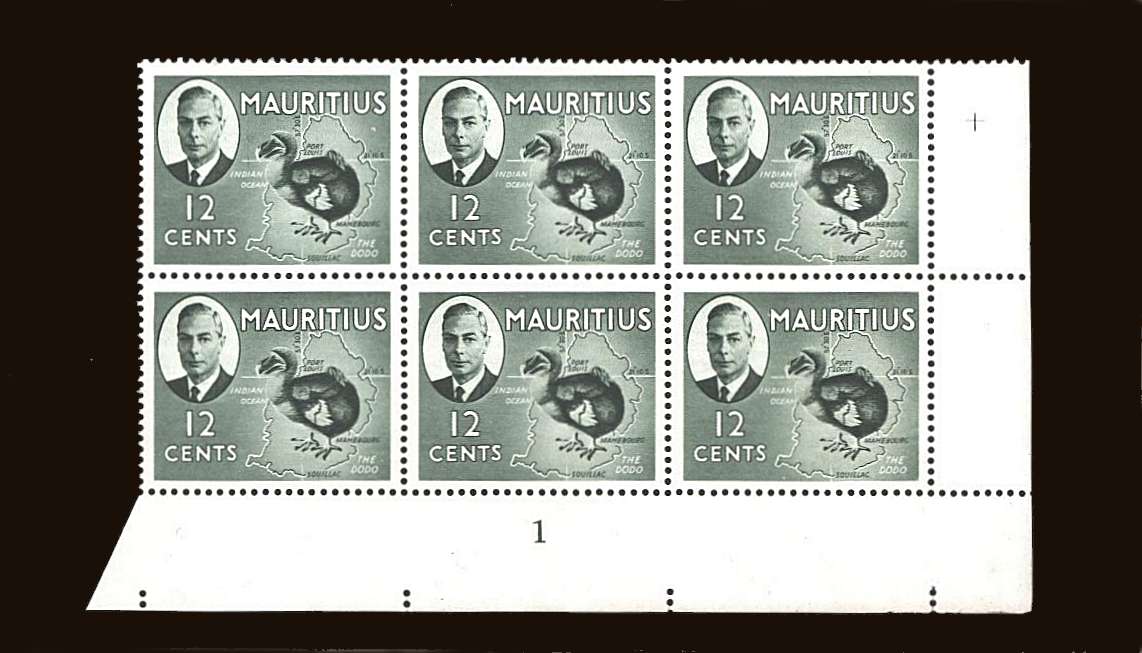 12c Dodo Bird<br/>
A superb unmounted mint Plate Block block of six from the SE corner of the sheet showing Plate Number 1.<b>QQB</b>