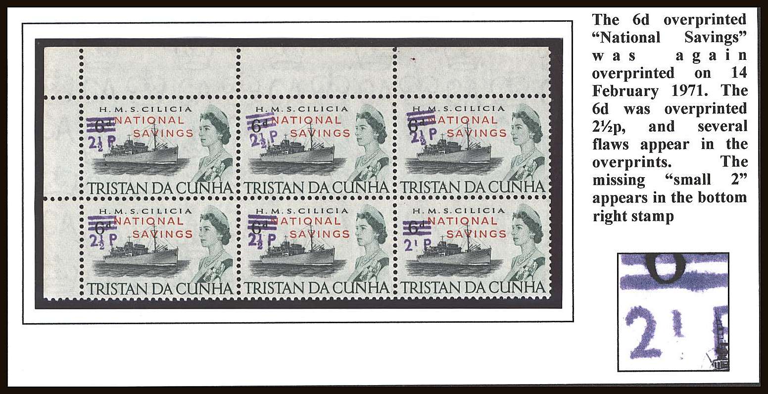 <b>POSTAL FISCAL STAMP</b><br/> A superb unmounted mint block of six from the NW corner<br/>showing a <b>''MISSING SMALL ''P'' on overprint''</b>on bottom right stamp.<br/><b>QQB</b>