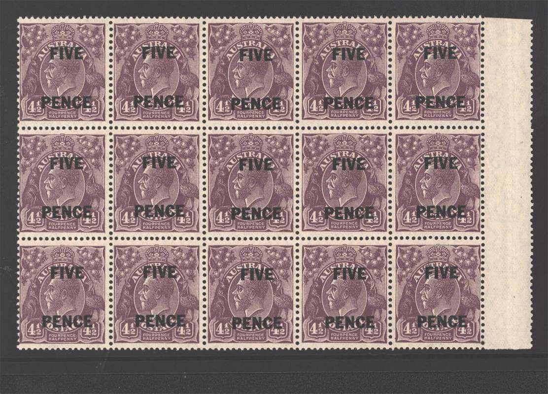 <b>''FIVE PENCE on 4�d Violet</b>
<br/>A superb unmounted mint right side marginal block of fifteen<br/>
SG Cat �240.00
<br/><b>QQB</b><br/>