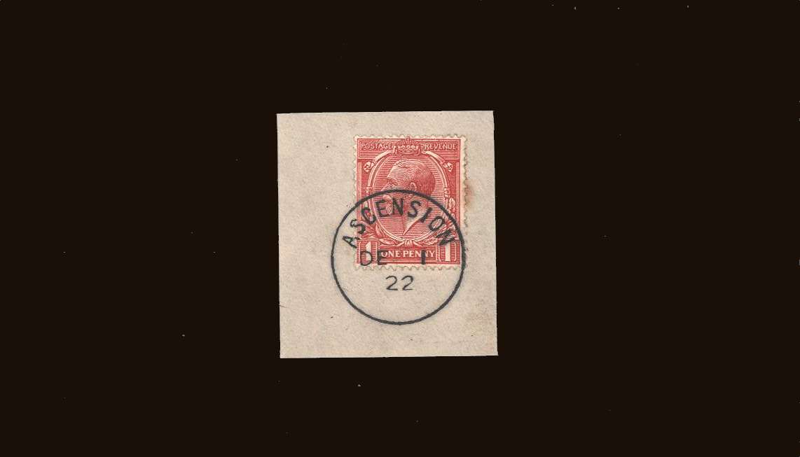 1d Scarlet<br/>
A superb fine used stamp tied to a<br/>small piece with a crisp upright <b>ASCENSION</b><br/>steel CDS dated DE 1 22<br/>
SG Cat �38.00
<br/><b>QQB</b>