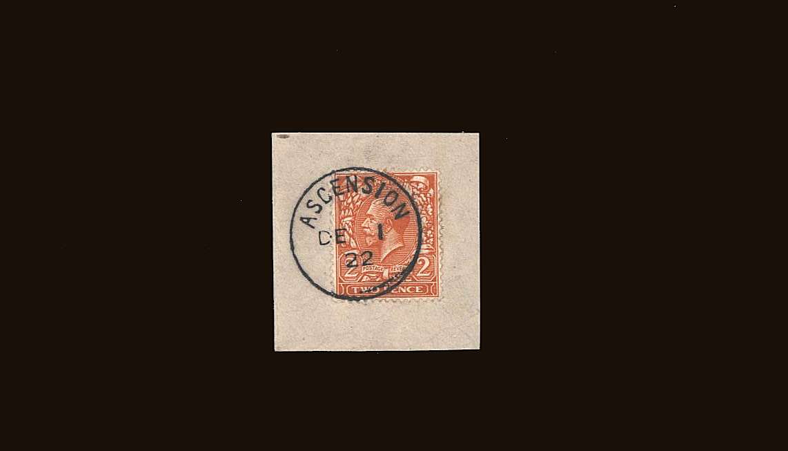 2d Orange - Die I<br/>
A superb fine used stamp tied to a<br/>small piece with a crisp upright <b>ASCENSION</b><br/>steel CDS dated DE 1 22<br/>
SG Cat �100.00
<br/><b>QQB</b>