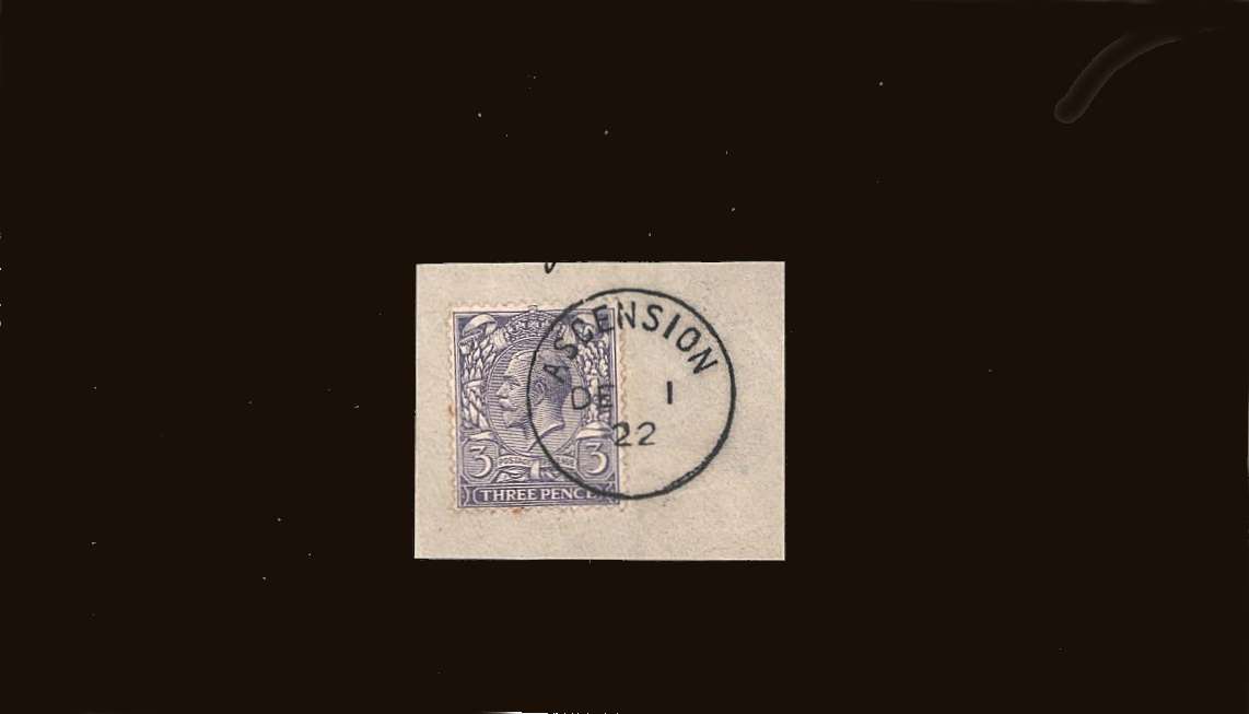 3d Violet<br/>
A superb fine used stamp tied to a<br/>small piece with a crisp upright <b>ASCENSION</b><br/>steel CDS dated DE 1 22<br/>
SG Cat �180.00
<br/><b>QQB</b>