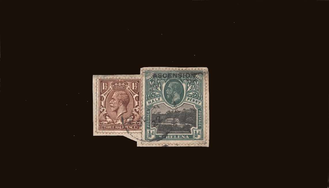 1½d Red-Brown with 1d Green ASCENSION stamp<br/>on small piece cancelled with a feint CDS<br/>
SG Cat �139.00
<br/><b>QQB</b>