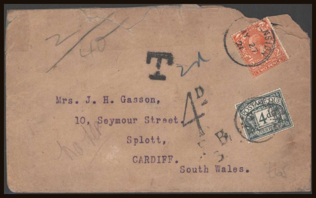 2d Orange - Die I cancelled with an <b>ASCENSION</b> steel CDS<br/>
dated MY 27 21 together with a 4d POSTAGE DUE on a badly opened envelope.<br/>
Priced on condition.