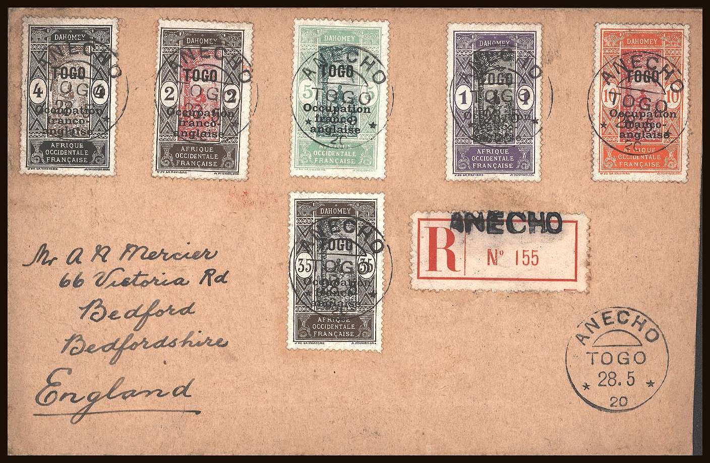ANGLO-FRENCH OCCUPATION<br/>
A selection of values on a REGISTERED envelope cancelled <br/>ANECHO to BEDFORD - ENGLAND dated 28-5-20
<br/><b>TQQ