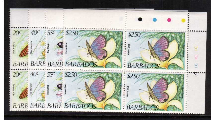 Butterflies set on four in superb unmounted mint CYLINDER blocks of four